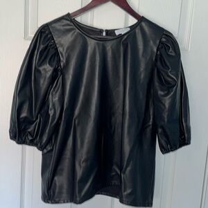 MUD PIE Black Puff Short Sleeve Faux Leather Top Size Mediumum
